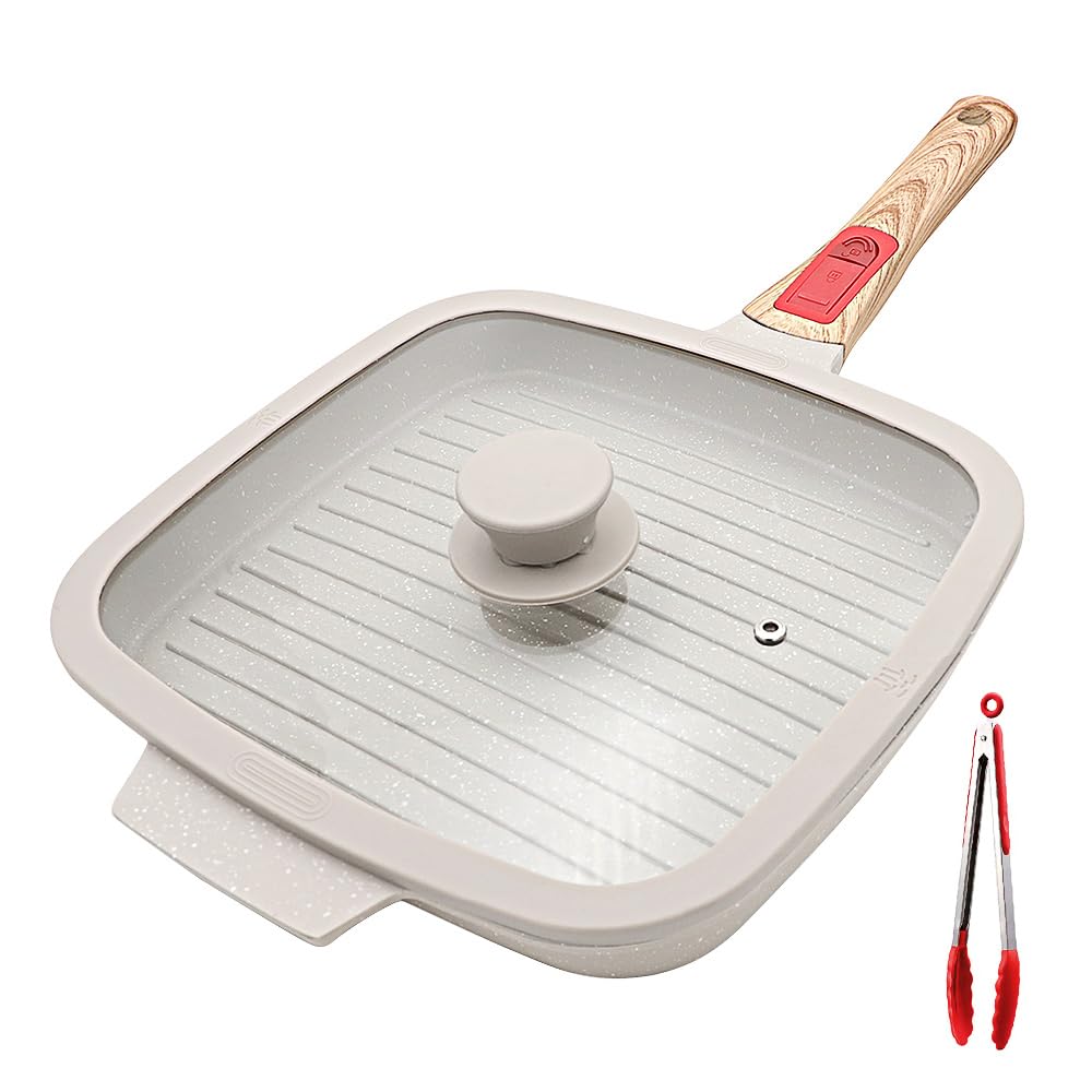 RANX INGST Griddle Pan with Lid, 26 x 24 cm Cast Aluminium Non Stick Steak Pan with Detachable Handle for Induction Hob, White