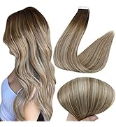 Full Shine Tape In Real Hair Extensions 18 Inch Color 3 Fading to 8 Highlighted 22 Blonde Balayag...