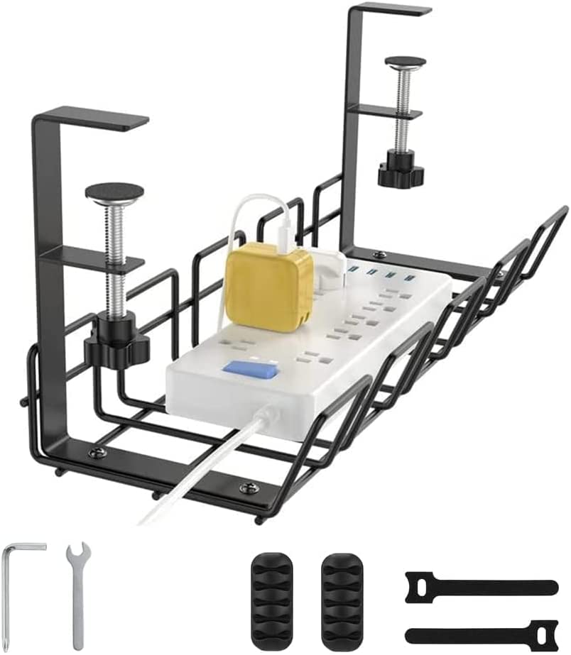 MISNODE Black Under Desk Cable Management Sturdy Steel Cable Management Tray Under Desk Tray Cable Organizer Creative Wire Management Under Desk, No Drill required