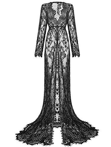 Yomoko Sexy Deep V-Neck Long Sleeve Lace Beach Dress See-through Maxi Dress (Small, Front Open Black)