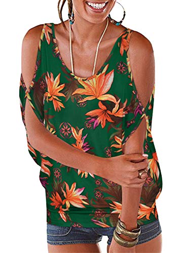 Women's Floral Summer Cold Shoulder Tops Casual Scoop Neck Short Sleeve T-Shirt