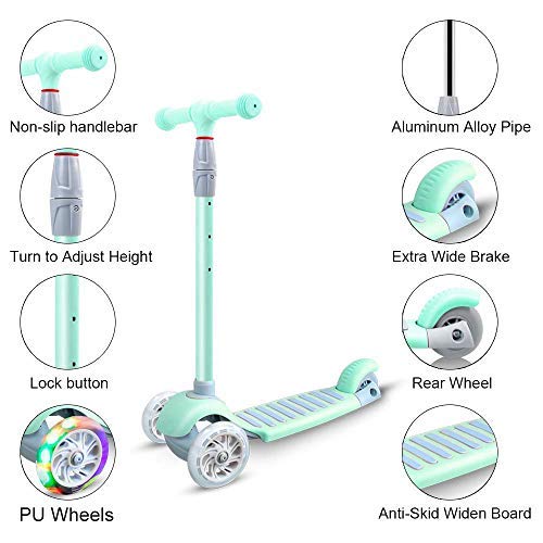 67i Kick Scooter for Kids 3 Wheel Scooter for Toddlers Girls & Boys 4 Adjustable Height Lean to Steer with PU Light Up Wheels for Children from 3 to 14 Years Old (Green)