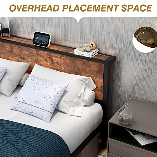 DUMEE Queen Bed Frame with Wood Storage Headboard, Metal Platform Bed Frame Queen Size Mattress Foundation No Box Spring Needed, Noise Free, Black & Rustic Brown