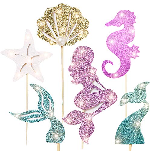 48pcs Mermaid Party Decoration Supplies-Adorable Glitter Mermaid Theme Cupcake Topper,Perfect for Birthday Party ,Baby Shower,Mermaid Theme Party(Mermaid Tail,Starfish,Mermaid,Shell)