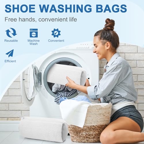 Teletrogy 2 Pieces Shoe Washing Bag in Washing Machine, Shoe Washing Bags with Side Zip, Reusable Without Distortion Large Capacity Washing Machine Bag, White