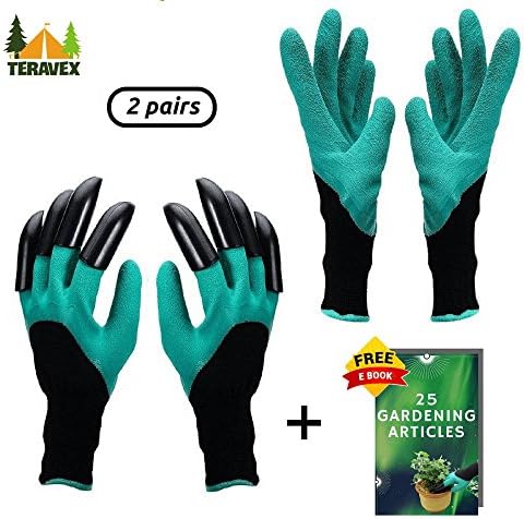 TERAVEX - Thick Unisex Waterproof Gardening Gloves with Claws for Digging and Planting, Breathable to Keep Hands Dry - Safe For Pruning (2 Pairs - 1 with claws and 1 without claws) + Free Ebook