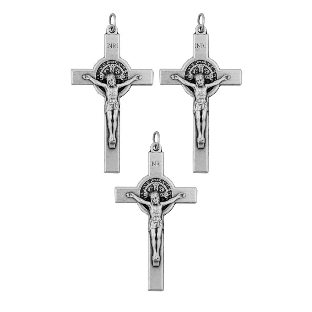 Vatican Imports Pack of Three | 2" Silver Tone St. Benedict Crucifix Pendant | Add to Necklace Chain, Rosary, or Chaplet | Patron Saint of Students and Europe | Great Catholic Gift | Made in Italy