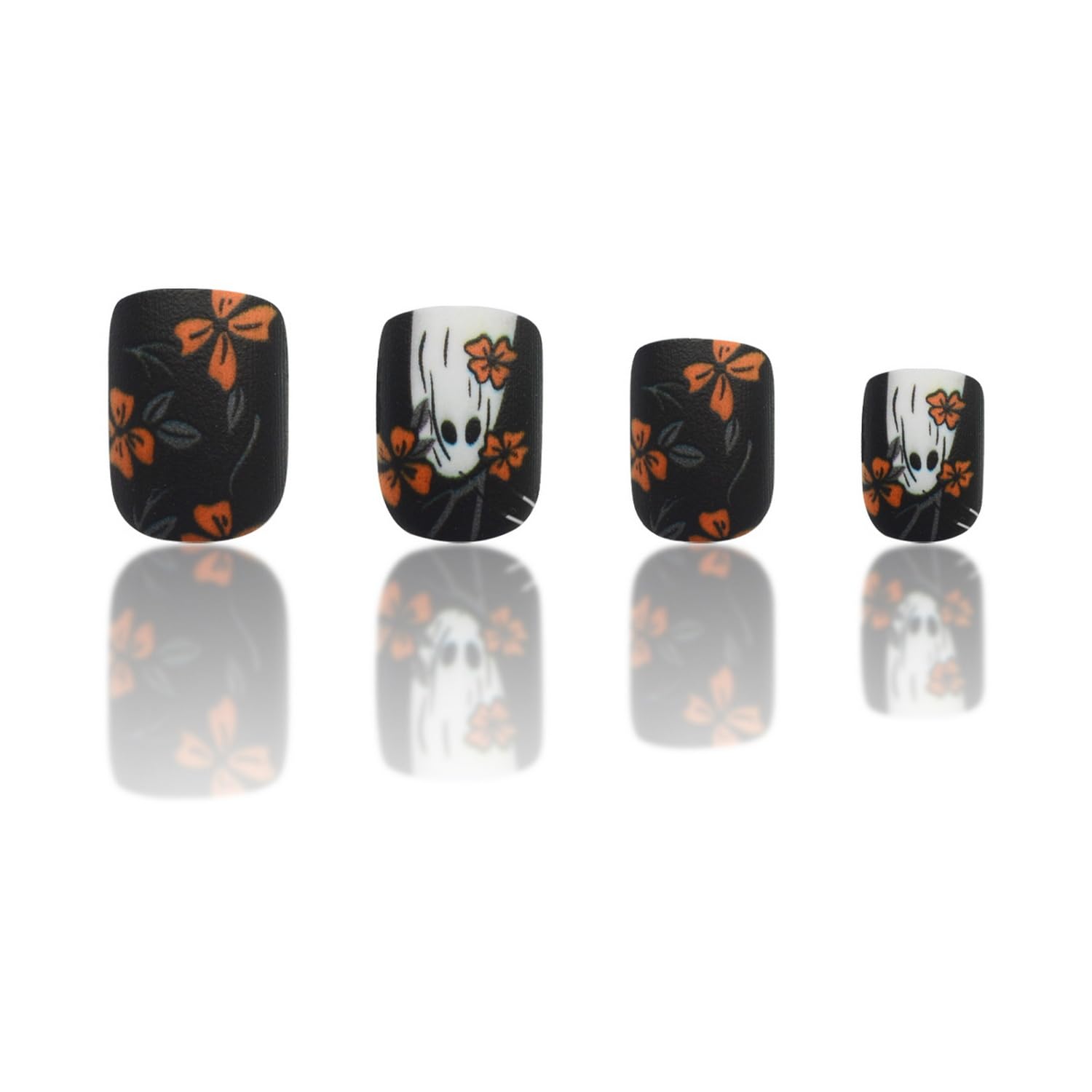 Halloween Yellow Flowers Press on Nails Short Square Fake Nails with Cute Little Ghost Designs Black Matte Artificial Nails Full Cover Stick on Nails Halloween Glue on Nails for Women Nail Art DIY - Image 5