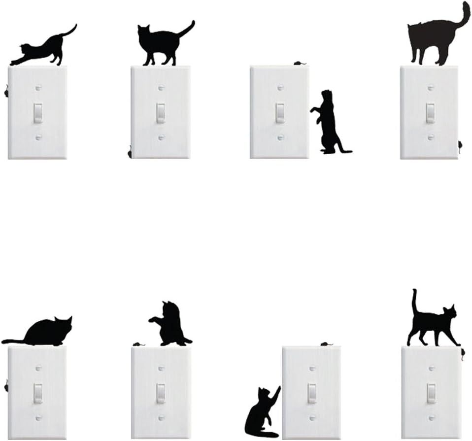 Removable Switch Sticker, 8 Pcs Cute Black Cat and Mouse Cartoon Wall Sticker, Light Switch Decor Decals, Family DIY Decor Art Stickers Home Decor Wall Art for Kids Bedroom Office Home Decoration