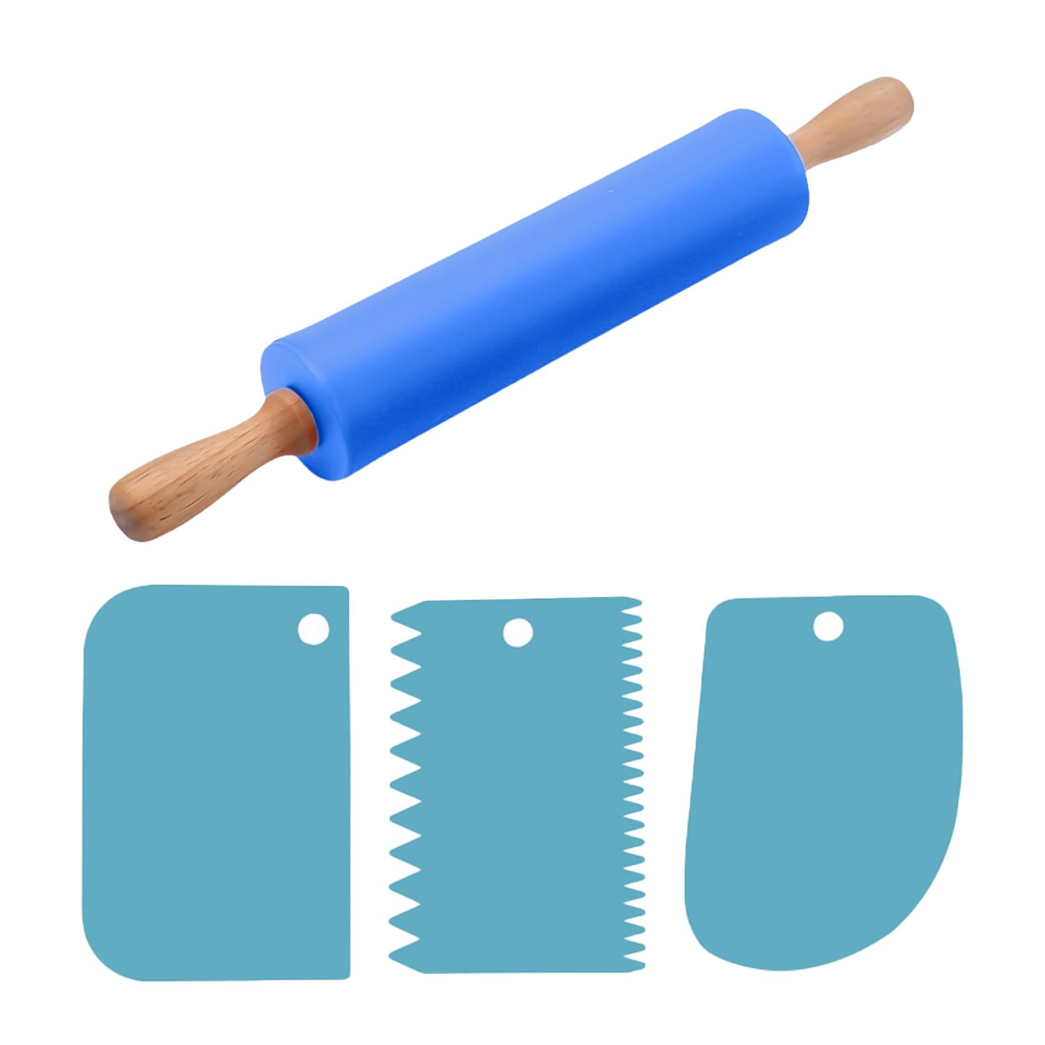 USHXVG 1 Piece Blue Silicone Rolling Pin, 3 Pieces Blue PP Material Scrapers, Baking & Cooking Tool Set