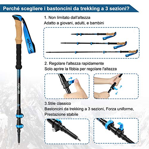 Glymnis Trekking Poles 3 Sections Adjustable Length 65-135 cm Aluminium 7075 with Quick Lock System and Cork Handle for Hiking Blue