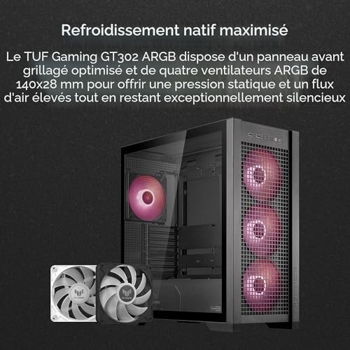 TUF Gaming GT302 ARGB ATX Mid-Tower Case Black - Four 140 x 28 mm ARGB Fans for High Airflow and Static Pressure, Interchangeable Tempered Glass and Mesh Side Panel, Hidden-Connector MB Support