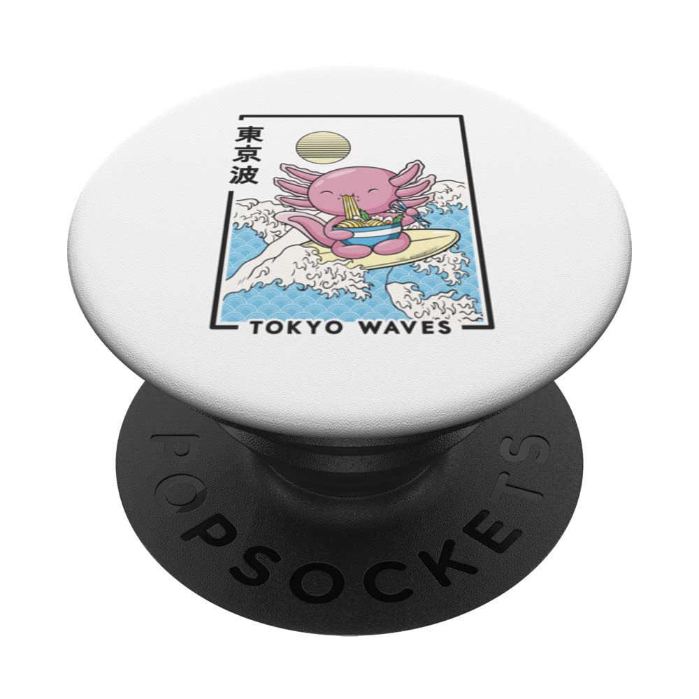 Axolotl Eating Ramen Japanese Waves Kids Kawaii Aesthetic PopSockets Adhesive PopGrip