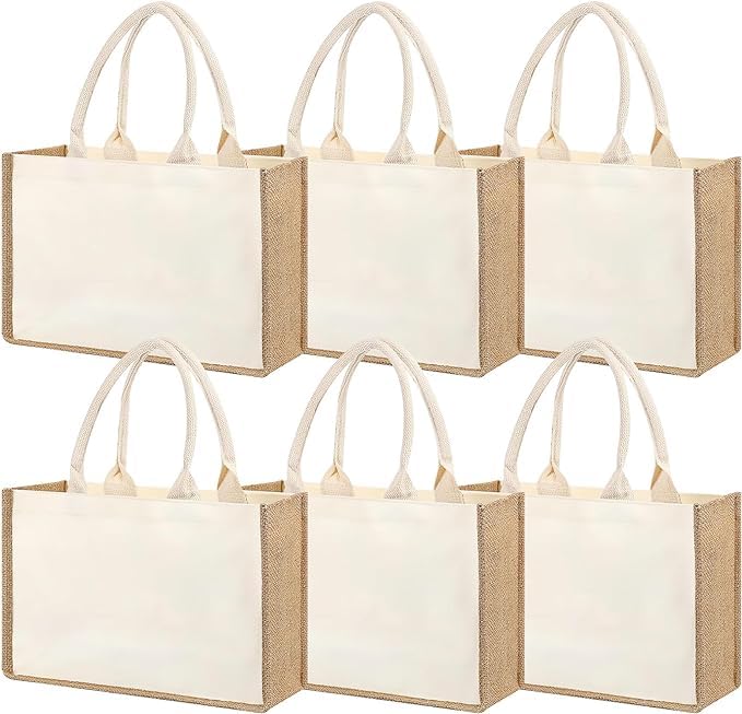 TESIN 33 x 20 x 11cm Burlap Tote Bag, 6 Pack Reusable Jute Gift Totes with Handles, Water Resistant Beach Bag, Canvas Grocery Shopping Totes for Wedding Bag, Bridesmaid, Shopping, DIY