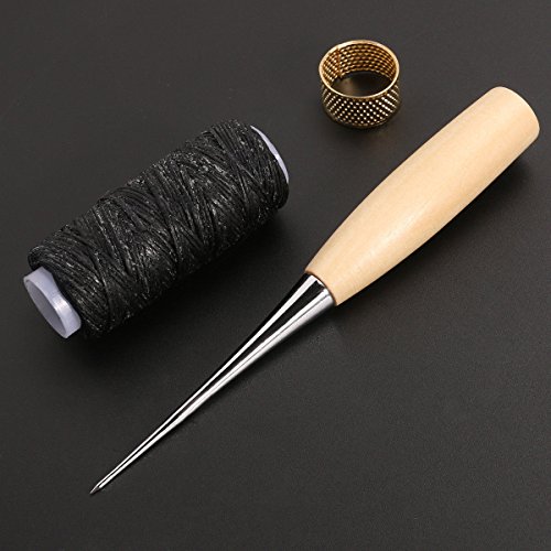 OSOF Curved Upholstery Repair Kit Hand Sewing Needles Set with Leather Waxed Thread Cord Drilling Awl, Thimble and 2pair Needle Felting Guards Finger Protectors for Leather Sewing Leathercraft Working - Thumbnail 2