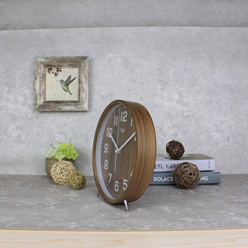 Justup 8 Inch Wood Table Clock, Retro Non-Ticking Table Desk Alarm Clock Battery Operated with Sweep Quartz Movement HD Glass Large Numerals Decorative for Bedroom Living Room Kids Room (Brown)