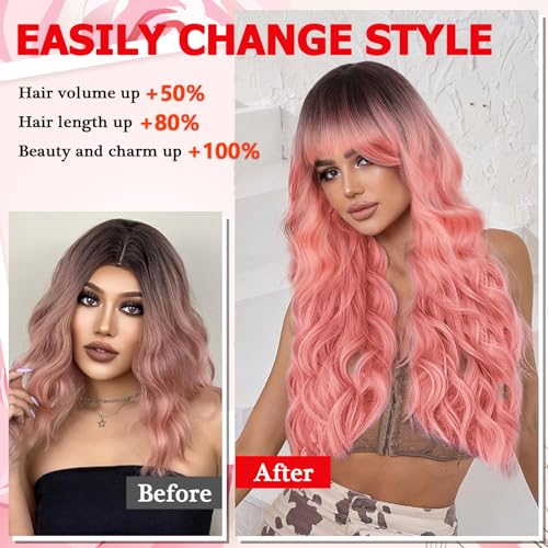 POPTAIYU Ombre Pink Wig with Bangs Long Wavy Wig With Air Bangs Silky Full Heat Resistant Synthetic Hair Pink, Hair Replacement Natural Looking Wigs for Christmas/Cosplay/Party 26 Inches(Ombre Pink)