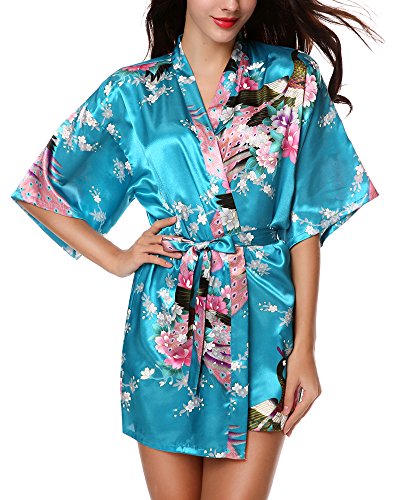 Avidlove Womens Kimono Robes Peacock and Blossoms Silk Nightwear Short Style, Acid Blue , M , US 6