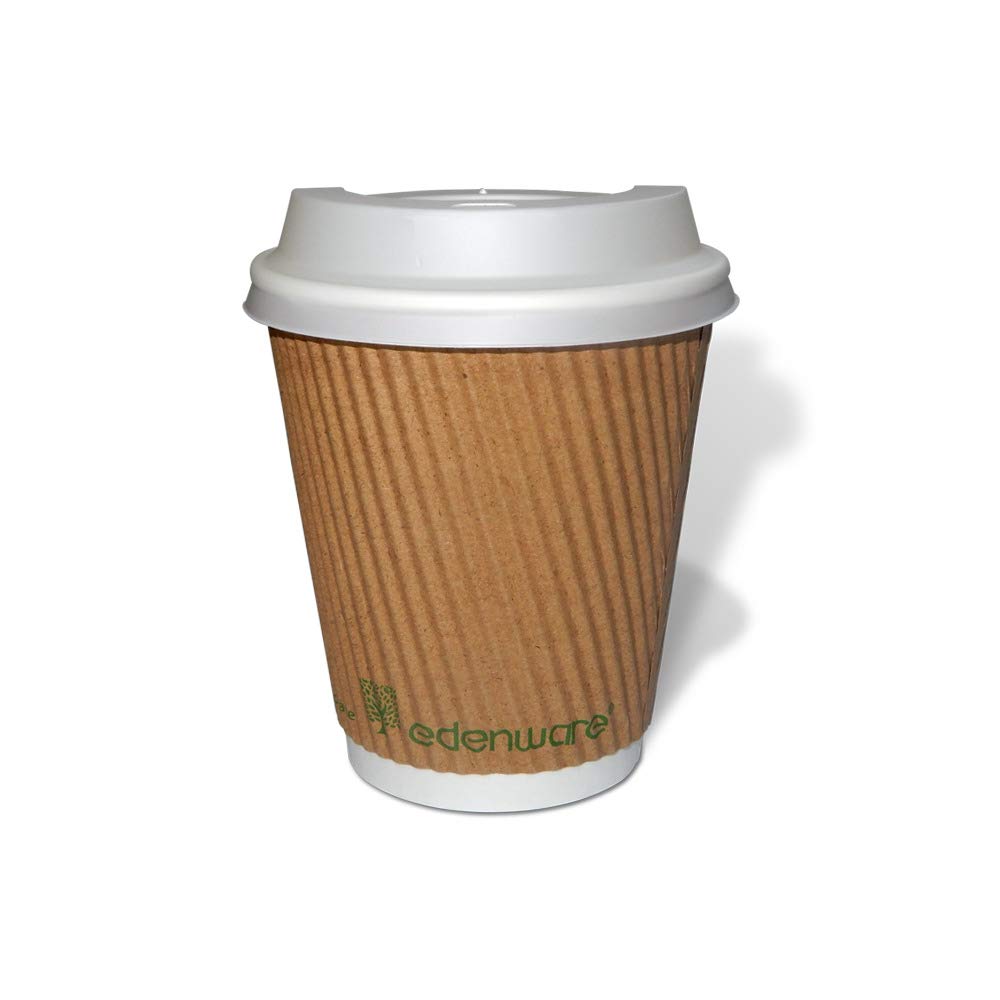 Edenware 50 8oz(227ml) or 12oz(340ml) Kraft Ripple 100% Compostable Paper Coffee Cups with Compostable Sip Lids and Free Wooden Compostable and Biodegradable Stirrers (8oz (227ml) 50 Pack)
