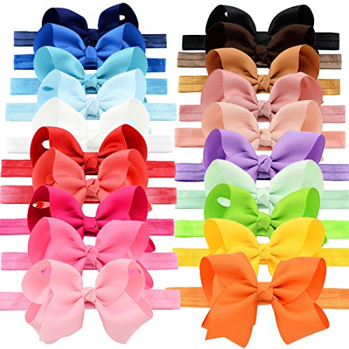 YOY Fashion Baby Girls Boutique Hair Accessories Stretchy Elastic Bands Headbands Set with Grosgrain Ribbon Bows Head Wear for Toddlers Teens Kids Pack of 20
