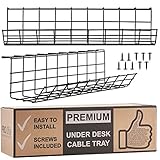 Under Desk Cable Management Tray - Cable Organizer for Wire Management. Metal Wire Cable Tray for Office and Home (Black 2 Pack)