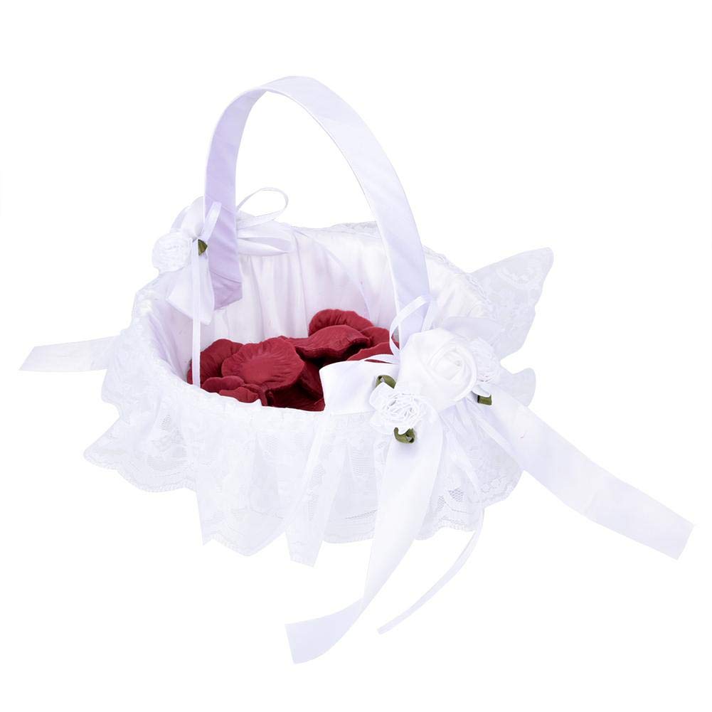 Flower Girl Baskets, White Romantic Wedding Flower Lace Ribbon Basket Candies Container for Wedding Ceremony Banquet Decoration