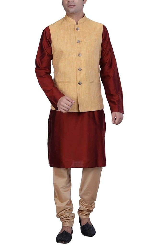 kisah men's red cotton silk kurta and churidar with yellow cotton silk nehru jacket