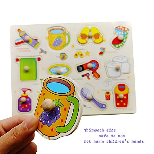 Wooden Peg Puzzle for Toddlers -Puzzles Toddler Learning Toys - 2 Piece Puzzle Set for Kids - Transportation, Daily Necessities - Shape Board Puzzles for Toddler Ages 3+, Perfect peg Board for Childr