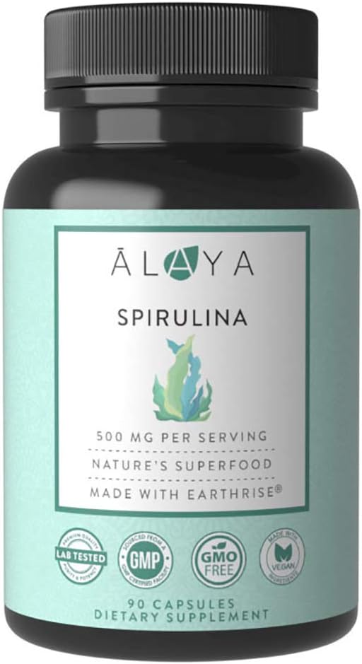 Alaya Naturals - Pure Spirulina Capsules - Made with Earthrise Spirulina, Blue Green Algae Superfood - Non-GMO & Vegan - 500 mg, 90 Capsules