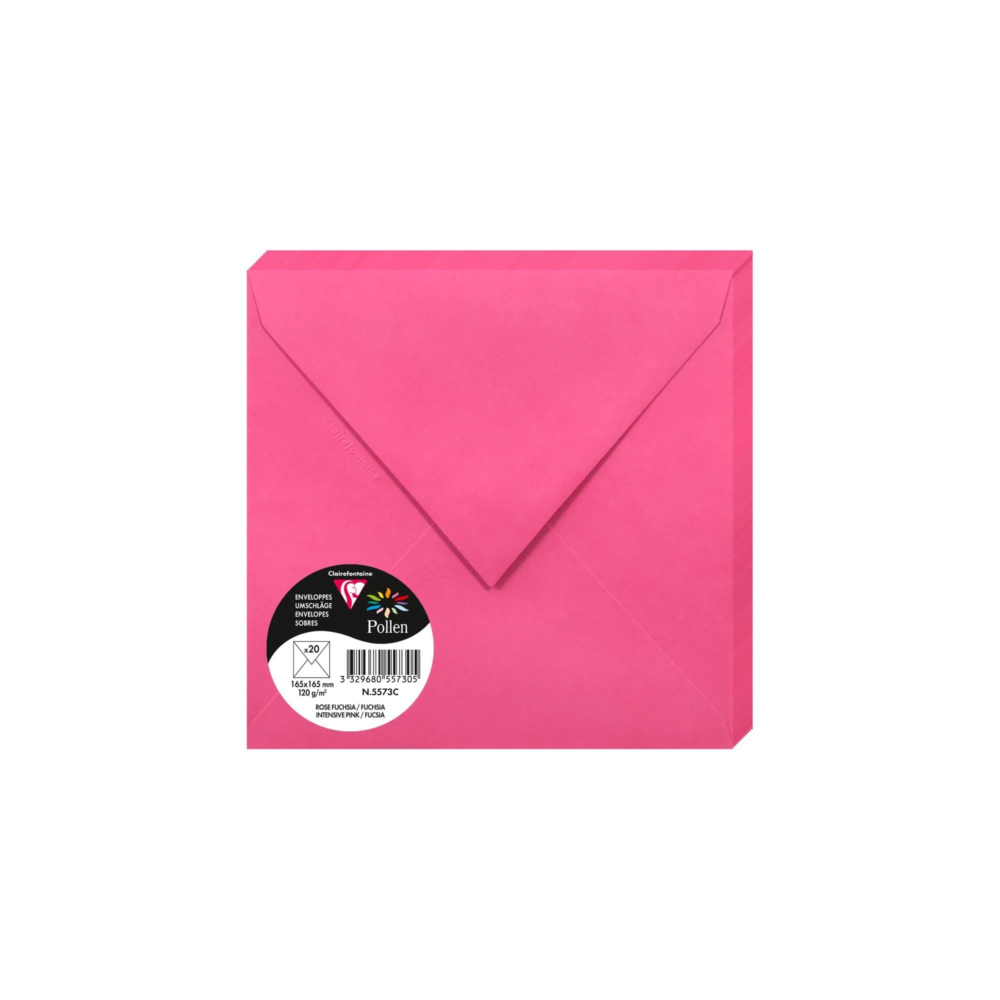 Clairefontaine 5573C Pack of 20 Gummed Envelopes Square Format 16.5x16.5cm 120g/m² Intensive Pink Invitation Events Correspondence Pollen Range Premium Paper
