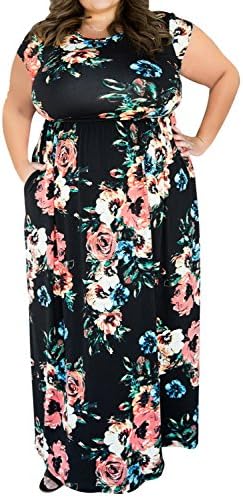 Delcoce Womens 3/4 Sleeve Floral Print Maxi Party Dresses Plus Size with Pockets
