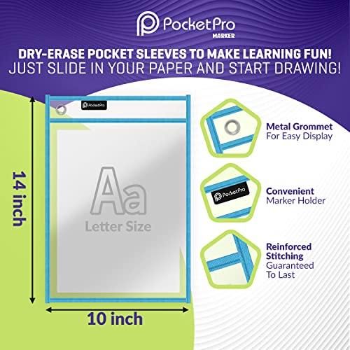 Pocket Pro Dry Erase Pocket Sleeves Plastic Paper Sleeves (Pack of 6) Colorful Clear Plastic
