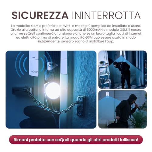 seQrell Impianto Allarme Wireless WiFi e GSM 4G, Antifurto casa wireless, Kit Allarme Casa Senza fili, 7” Touchscreen e 5000mAh battarie, con App, Alexa e Google, rilevamento perdite d'acqua, SQ7024B