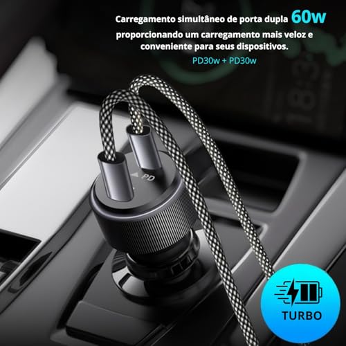 Carregador Veicular 60W Turbo com Cabo USB-C – Duas Entradas USB-C, Carregamento Ultra Rápido, Proteção Inteligente e LED Indicador para Celulares e Tablets