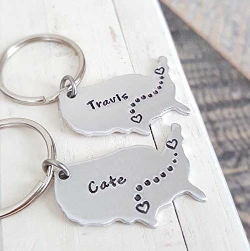 Long Distance Keychains State Keychain USA keychain long distance relationship set of TWO couples keychains USA with Personalized names Hand stamped keychain