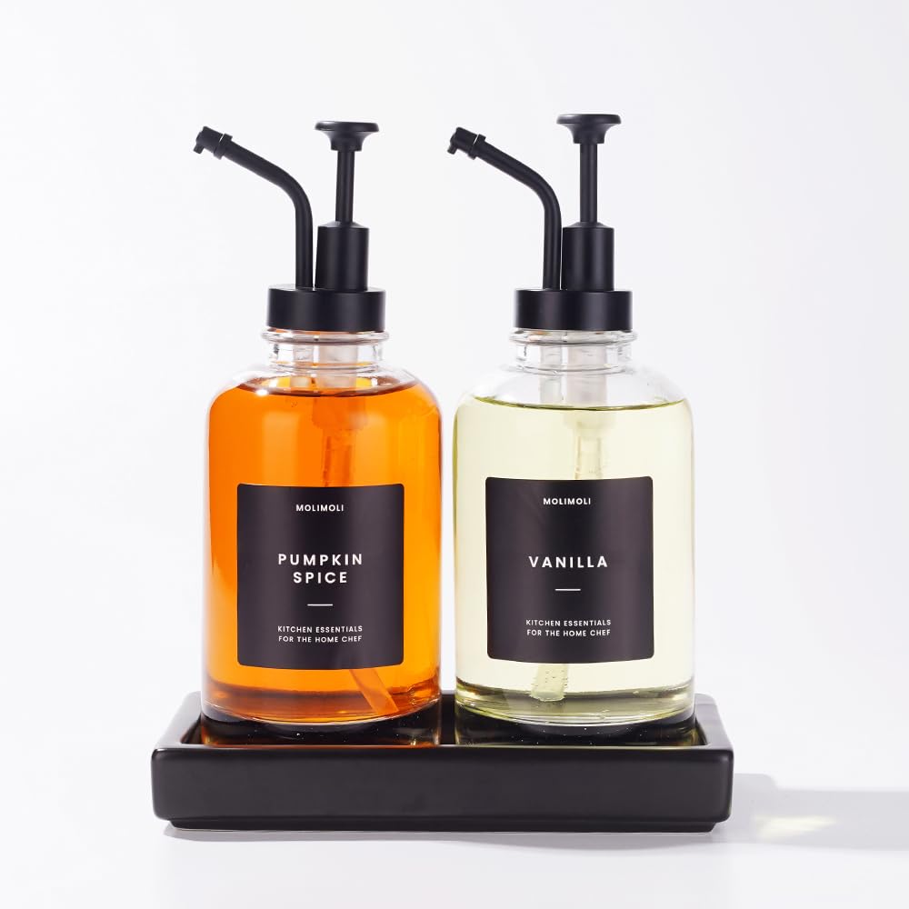 Photo 1 of *MINOR DAMAGE - USED*
Molimoli Coffee Syrup Dispenser - Glass Bottle with Pump, Maple/Coffee Syrup, Labels and Tray