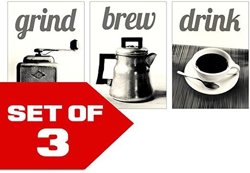 Wallables Grind, Brew, Drink! Coffee Inspired Retro Wall Art! Set of Three 8x10 Prints in Classic Black & White. Kitchen, Cafe, Diner, Coffee House or Restaurant Decor. Designed Exclusively