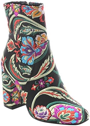 X2B FJ59 Women's Chunky High Heel Floral Embroidery Ankle Booties