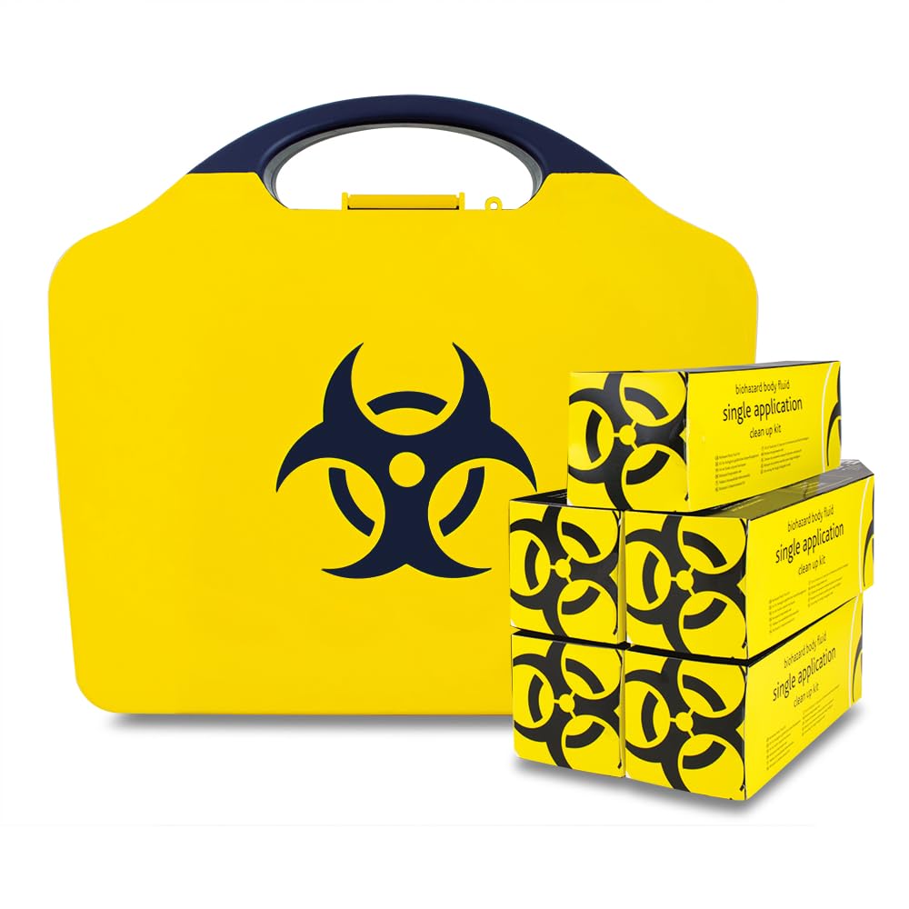 Reliance Medical - Biohazard Body Fluid Clean-Up Kit for The Treatment of Infectious Micro-Organisms - 5 Single Application Packs- Black/Yellow Wall Mountable Box