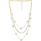 18K Gold-Plated Statement Necklace Three-Strand Long Chains Rolo Link Chain with Synthetic White Pearl Beads