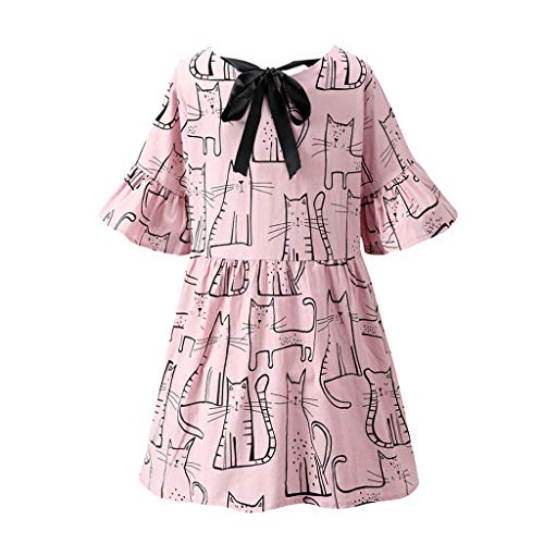 Kawaiine Women O-Neck Boho Print Bow Cotton and Linen Short Dress Pink