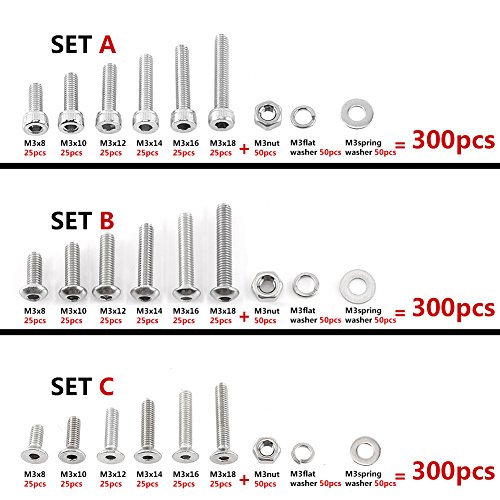 1 Set 300pcs M3 304 Stainless Steel Hex Socket Screws Bolt With Hex Nuts Washer Assortment