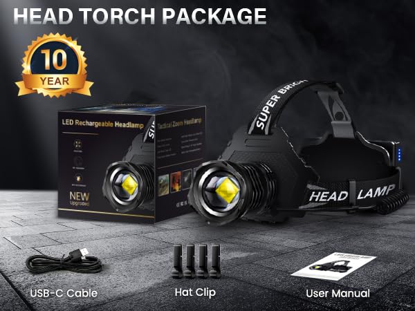 AKNEAR Rechargeable LED Headlamp Super Bright, 99000 High Lumens Head Lamp Zoomable, 25Dys+ Runtime & 12 Mode & Lightweight Comfort & 125° Adjustable IPX-7 Waterproof Head Light for Outdoor,Hardhat