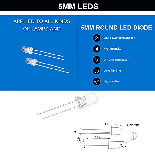 CO RODE LED Diode 3mm 5mm LED Light Kit Clear with Color White Red Blue Green Yellow, Resistors Included