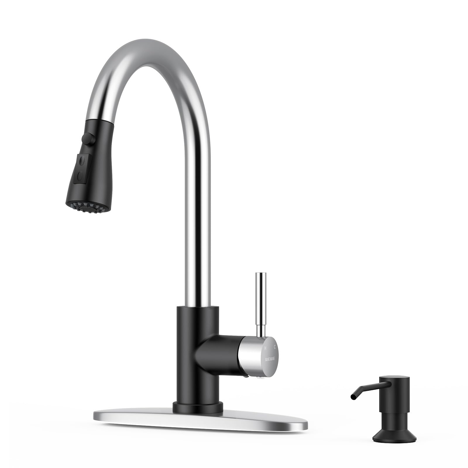 WEWE Kitchen Faucet with Soap Dispenser and Pull Down Sprayer, RV Single Handle Classic 3 Modes Stainless Steel Faucet for Kitchen Sink, RV, Black and Polished Chrome Image
