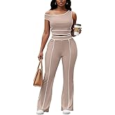 knowfashionstyle Two Piece Sets For Women Going Out Outfits Sexy Casual Sleeveless Crop Tops Off Shoulder Wide Leg Pants Set