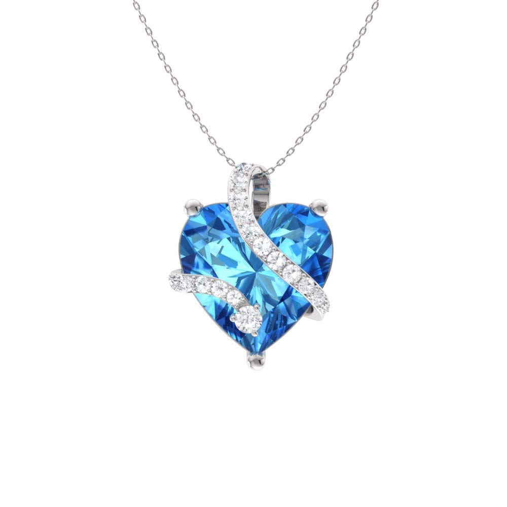 Diamondere Natural and Certified Heart Cut Blue Topaz and Diamond Wrap Heart Petite Necklace in 9ct White Gold | 2.07 Carat Pendant with Chain
