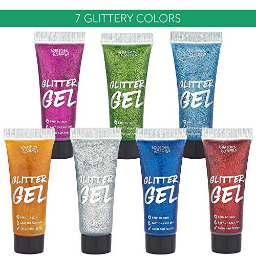 Body Glitter Paint Gel - 7 Color Costume Set for Women, Girls - 10 ml Tubes Holographic Shimmer Effect for Hair, Body, Face - Great for Festival, Costume Party, Halloween - by Splashes and Spills - Thumbnail 3