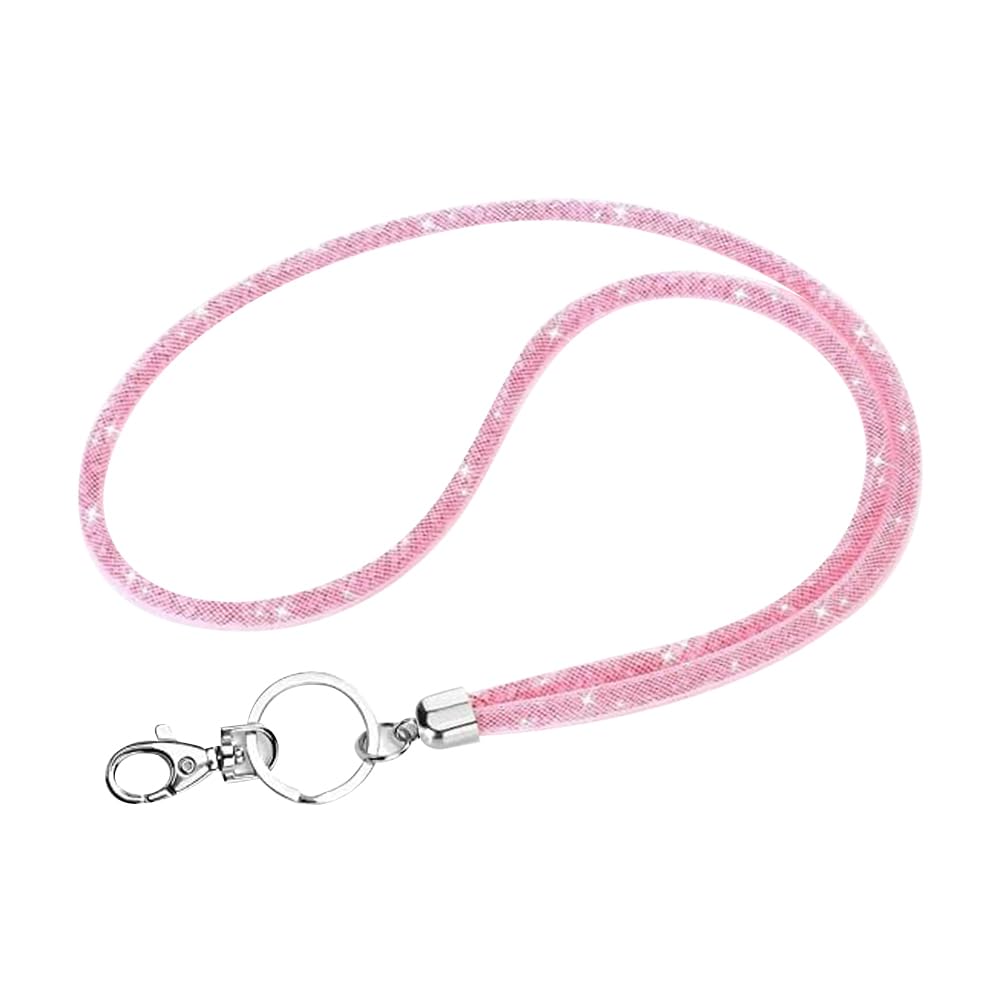 FSSTUD 80cm Rhinestone Key Lanyard Bling Badge Neck Strap Shiny ID Card Holder Glitter Crystal Lanyard with Metal Clasp for Office School Pink
