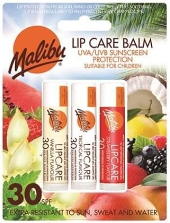 Malibu Sun SPF 30 Lip Balm Sunscreen, Vanilla, Tropical, Strawberry 3 x 5g, Multicoloured, 3 count (Pack of 1)